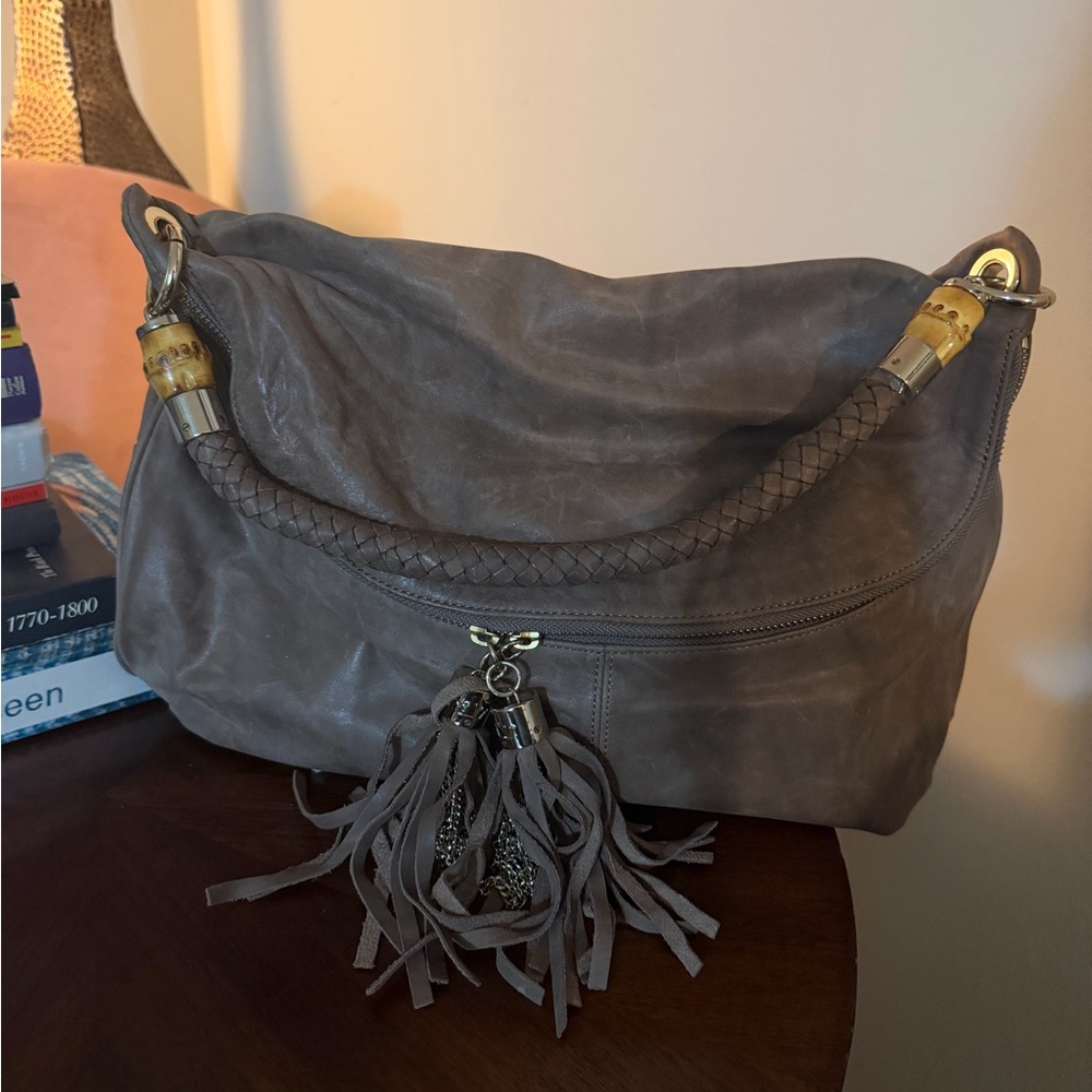 Slouchy Braided-Handle Gray Shoulder Bag with Tassel Accent